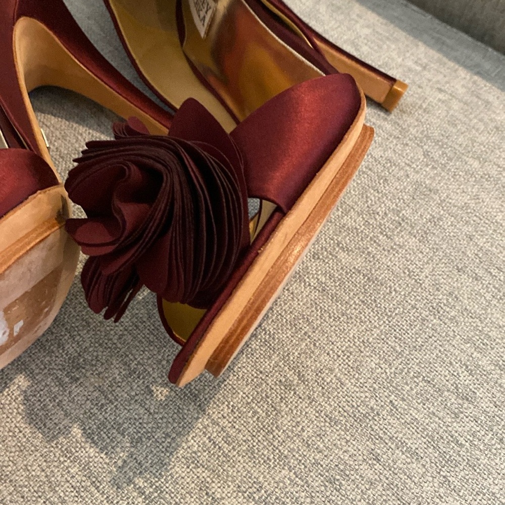 Badgley Mischka Burgundy Satin Heels with Floral Accent